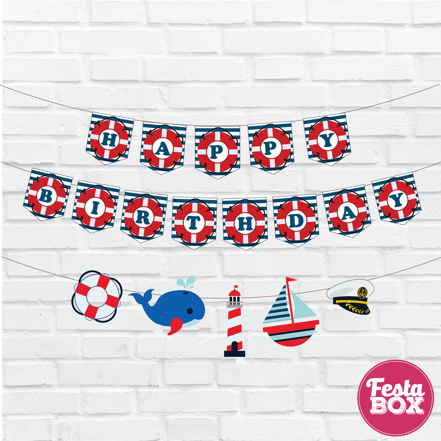 Happy birthday banner with themed cutout string - Nautical Theme - Option 1