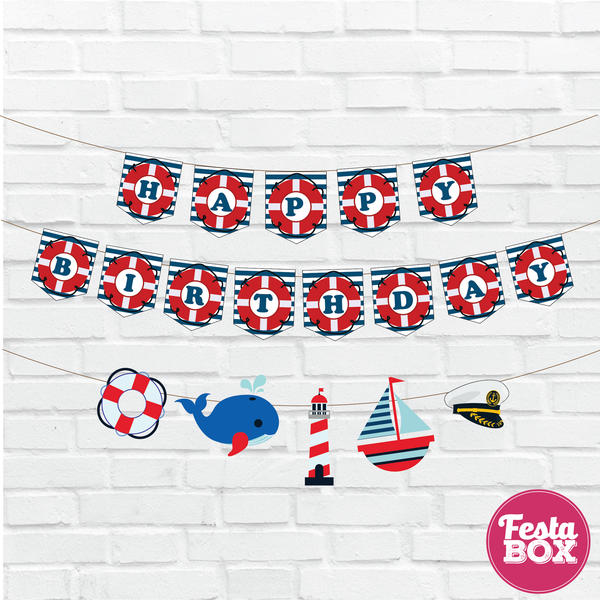 Happy birthday banner with themed cutout string - Nautical Theme - Option 1