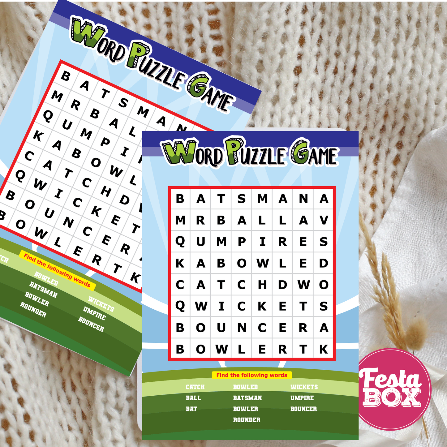 Birthday Game - word puzzle - Cricket Theme (Set of 6)