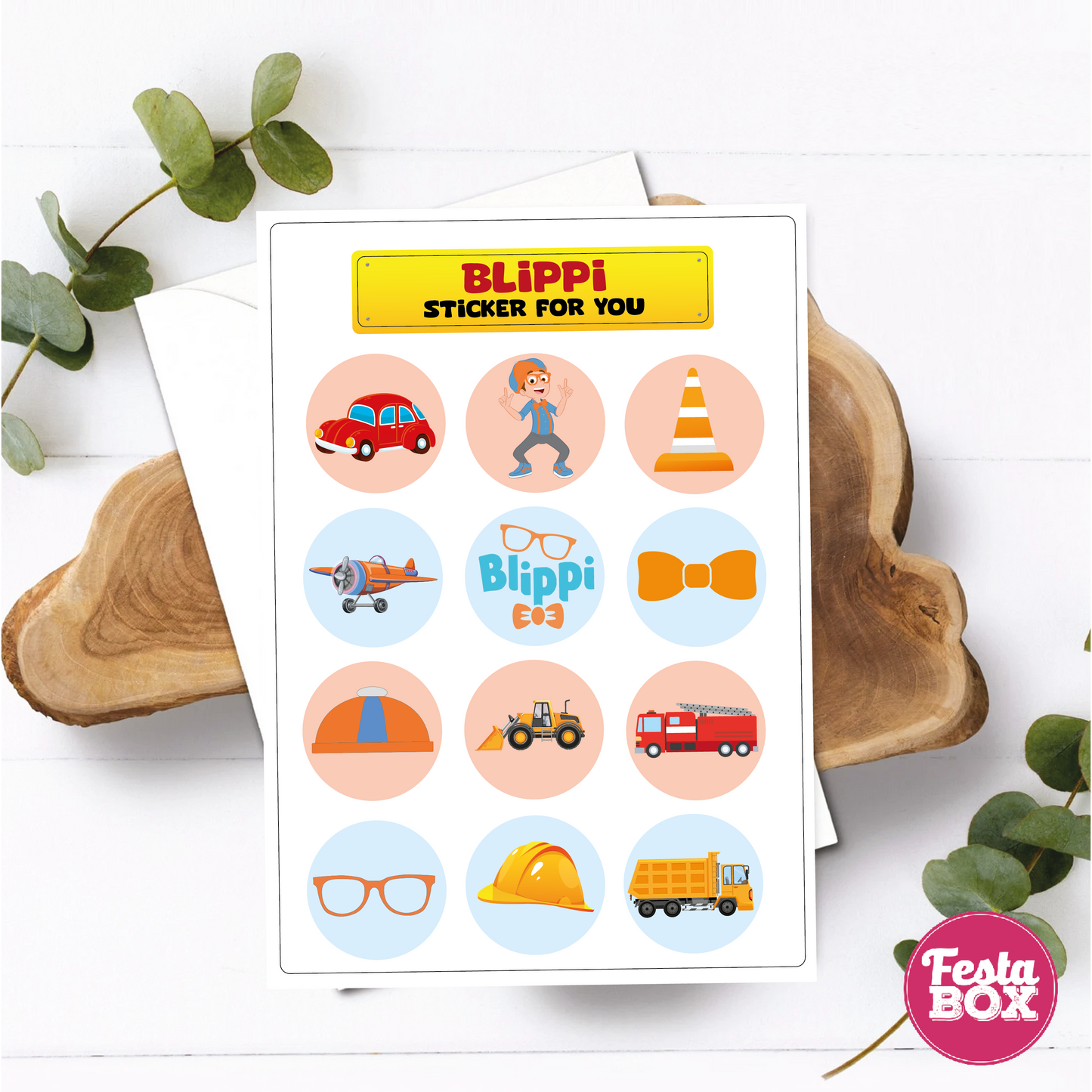 Birthday Activities Game - Sticker Sheets - Blippi Theme by Festabox (Set of 6)