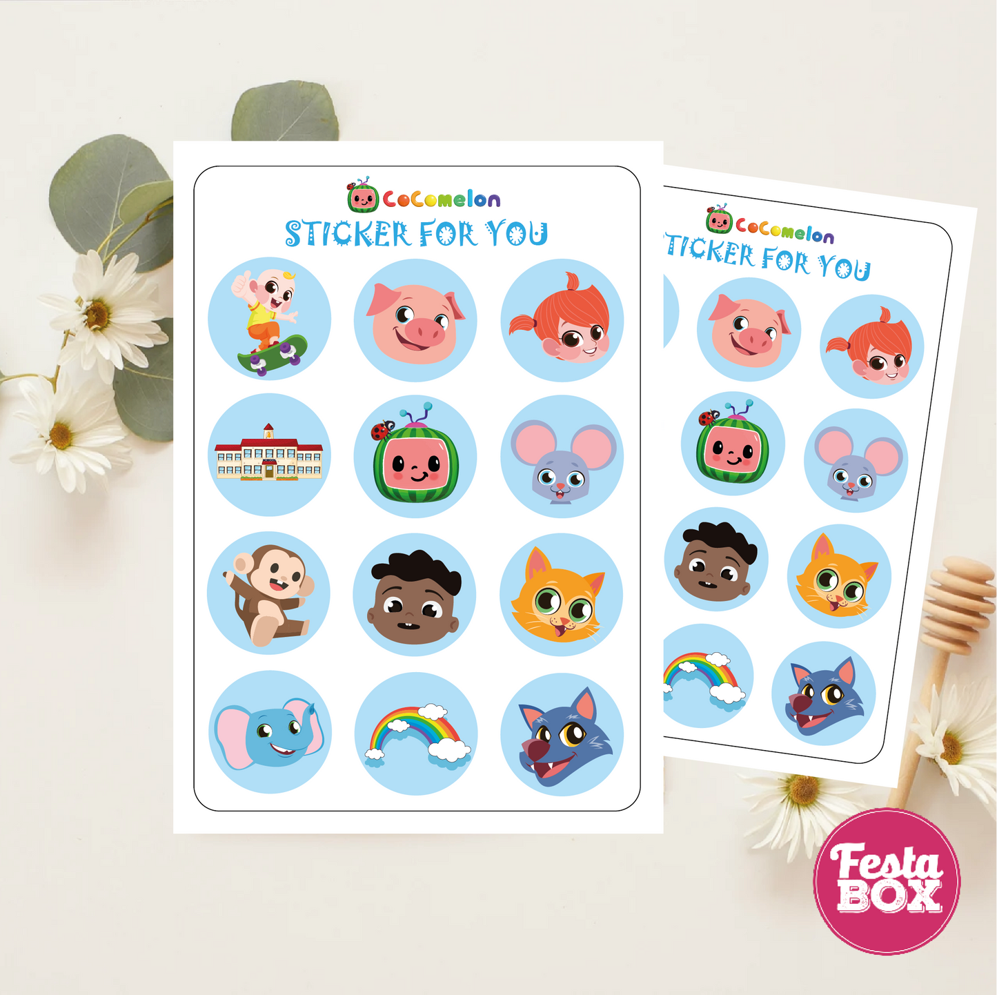 Birthday Activities Game - Sticker Sheets - Cocomelon Theme by Festabox (Set of 6)