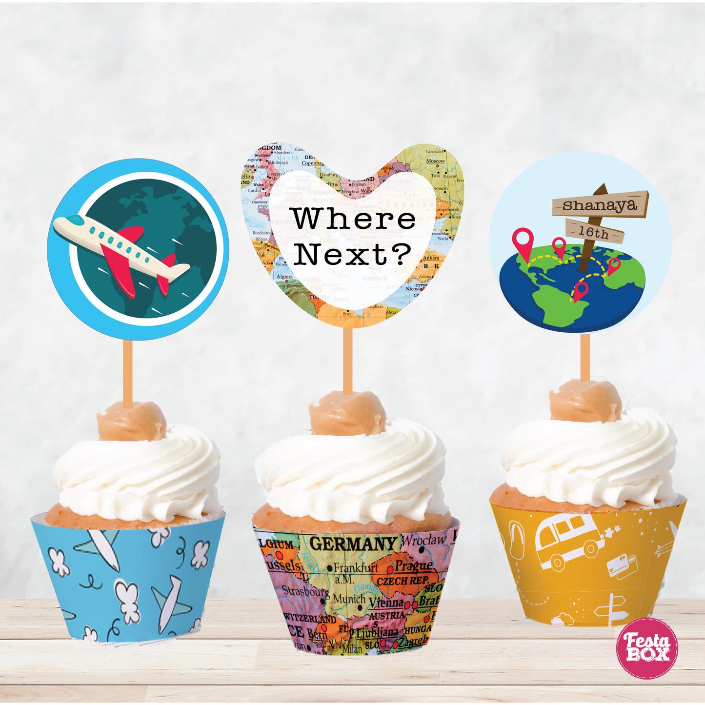 Cupcake Wrappers and toppers for Birthday Party Decoration - Travel Theme (Set of 6) - Assorted