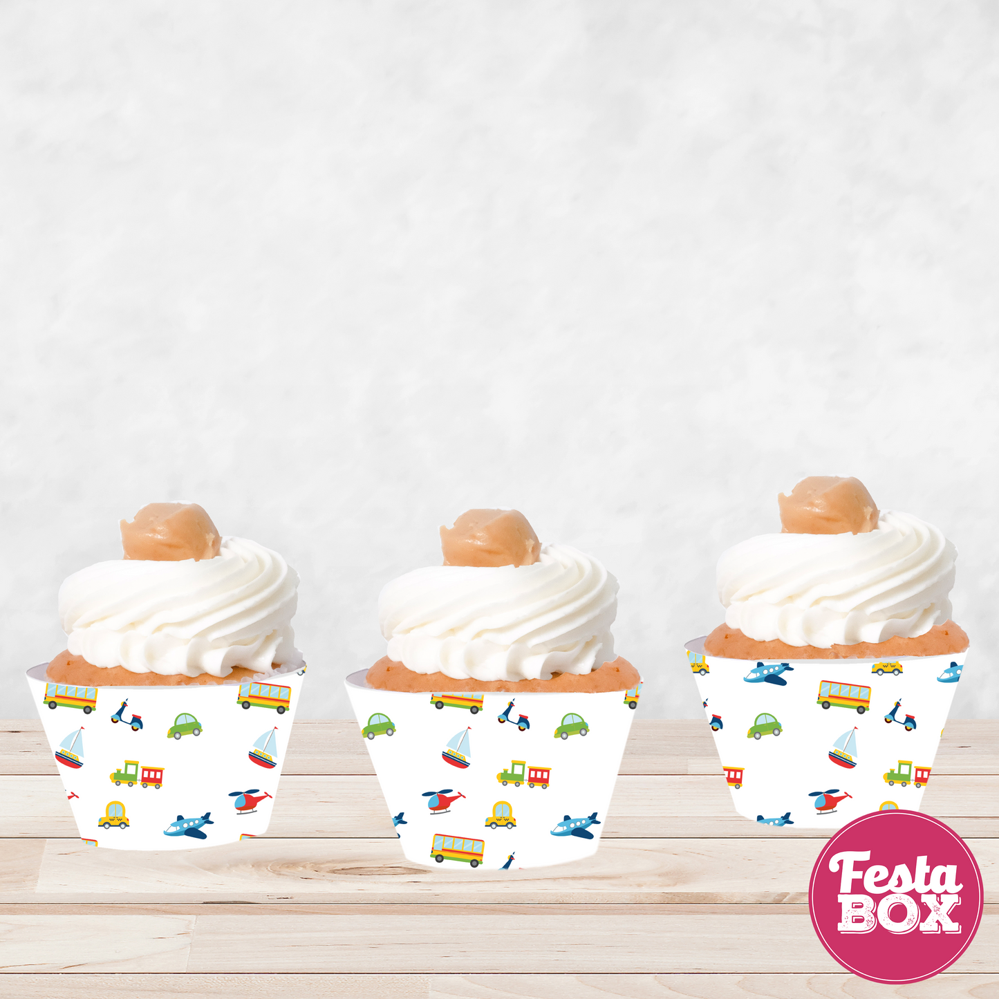 Cupcake Wrappers for Birthday Party Decoration - Transport Theme (Set of 6)
