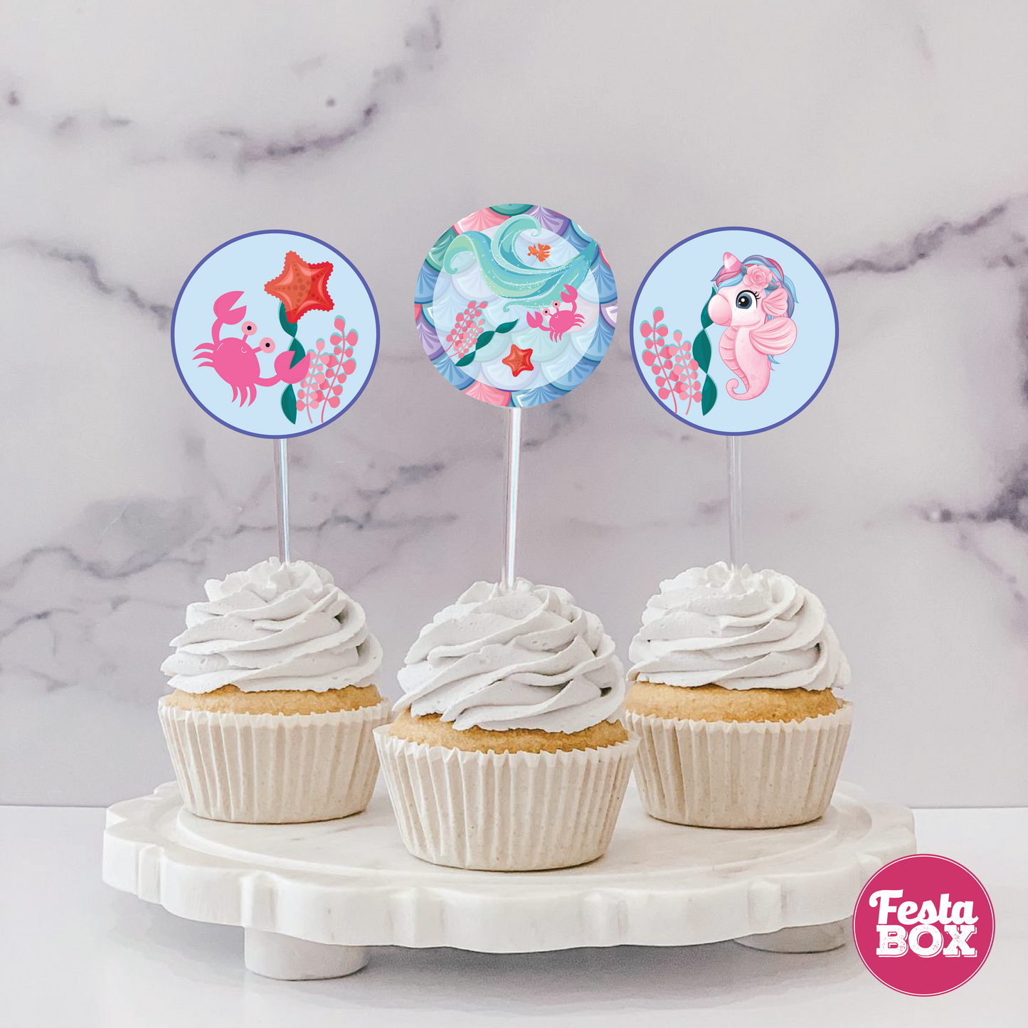 Cupcake Topper for Birthday Party Decoration - Mermaid Theme (Set of 6)