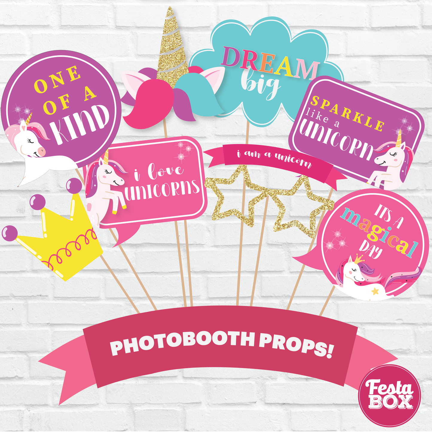 These party props are a part of the Unicorn Theme Collection by Festabox.