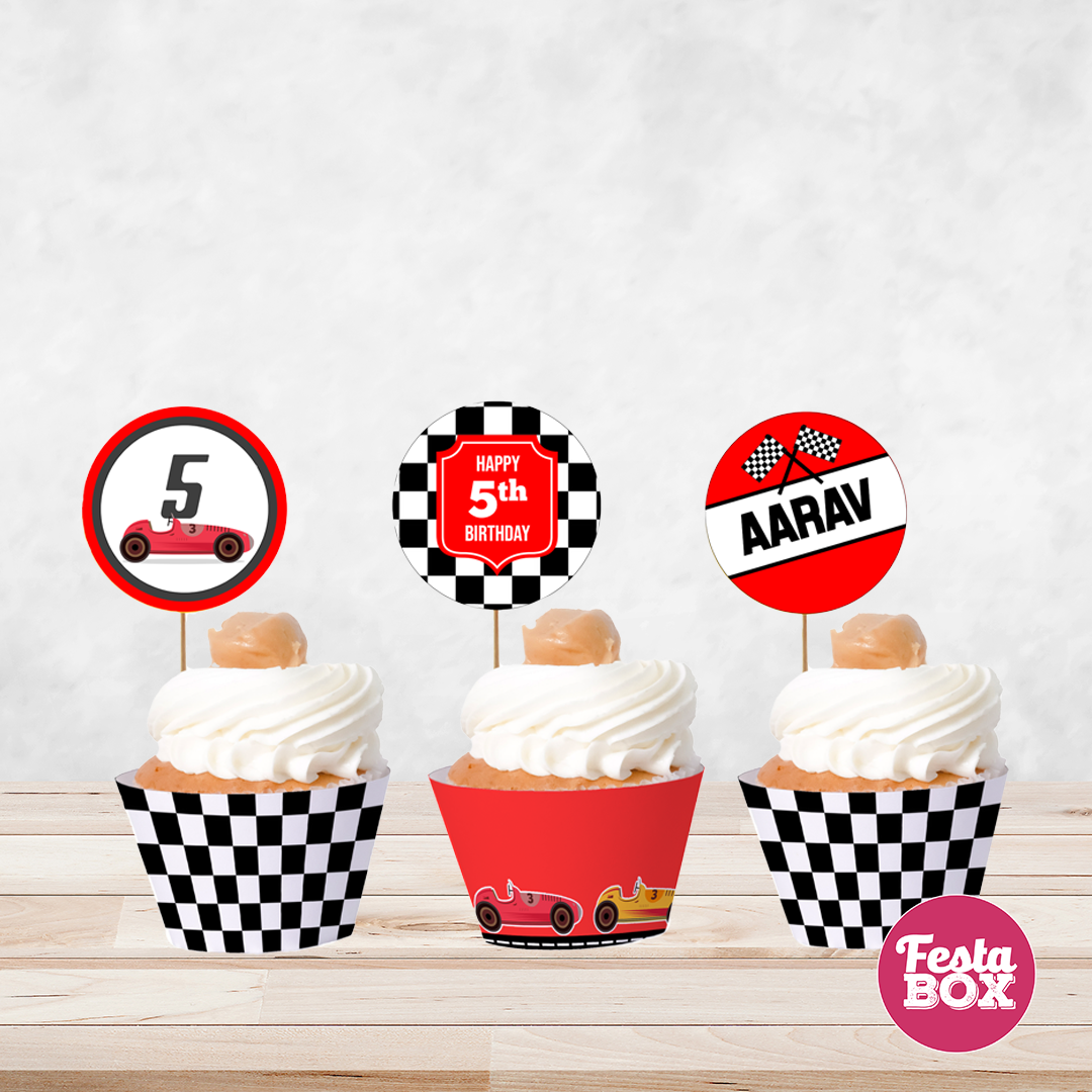 Cupcake Wrappers for Birthday Party Decoration - Race Car Theme (Set of 6) - Assorted