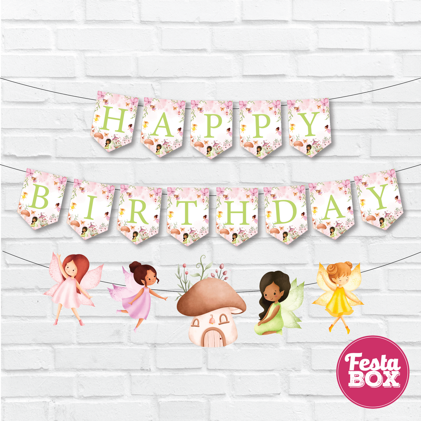 Happy birthday banner with themed cutout strings - Fairy Theme Option 2