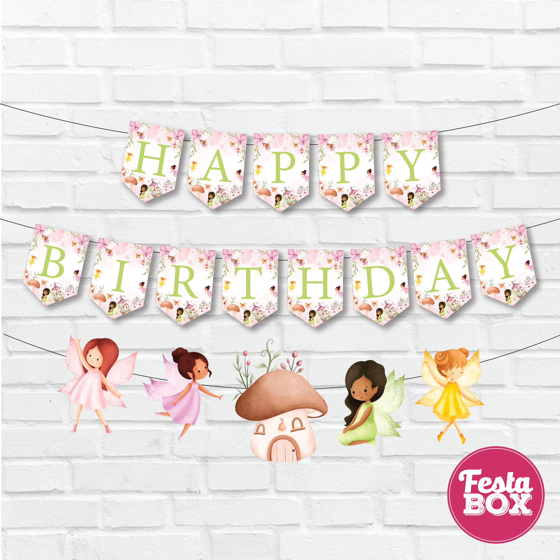 Happy birthday banner with themed cutout strings - Fairy Theme Option 2