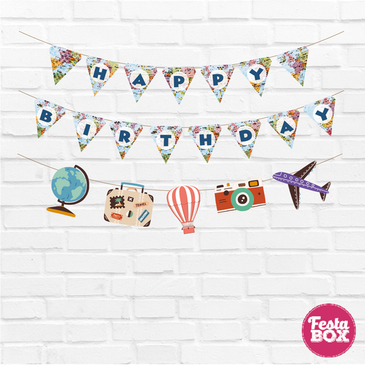 Happy birthday banner with themed cutout strings - Travel Theme Option 2