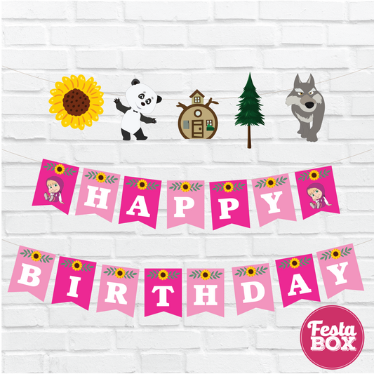 Happy birthday banner with theme cutout strings- Masha and Bear Theme Option 1