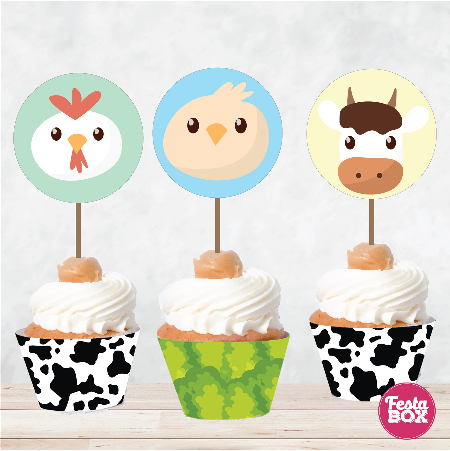 Cupcake Decorations - Toppers and Wrappers - Farm Animal Theme (Set of 6) - Assorted