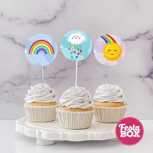 Cupcake Topper for Birthday Party - Rainbow Theme (Set of 6) - Assorted