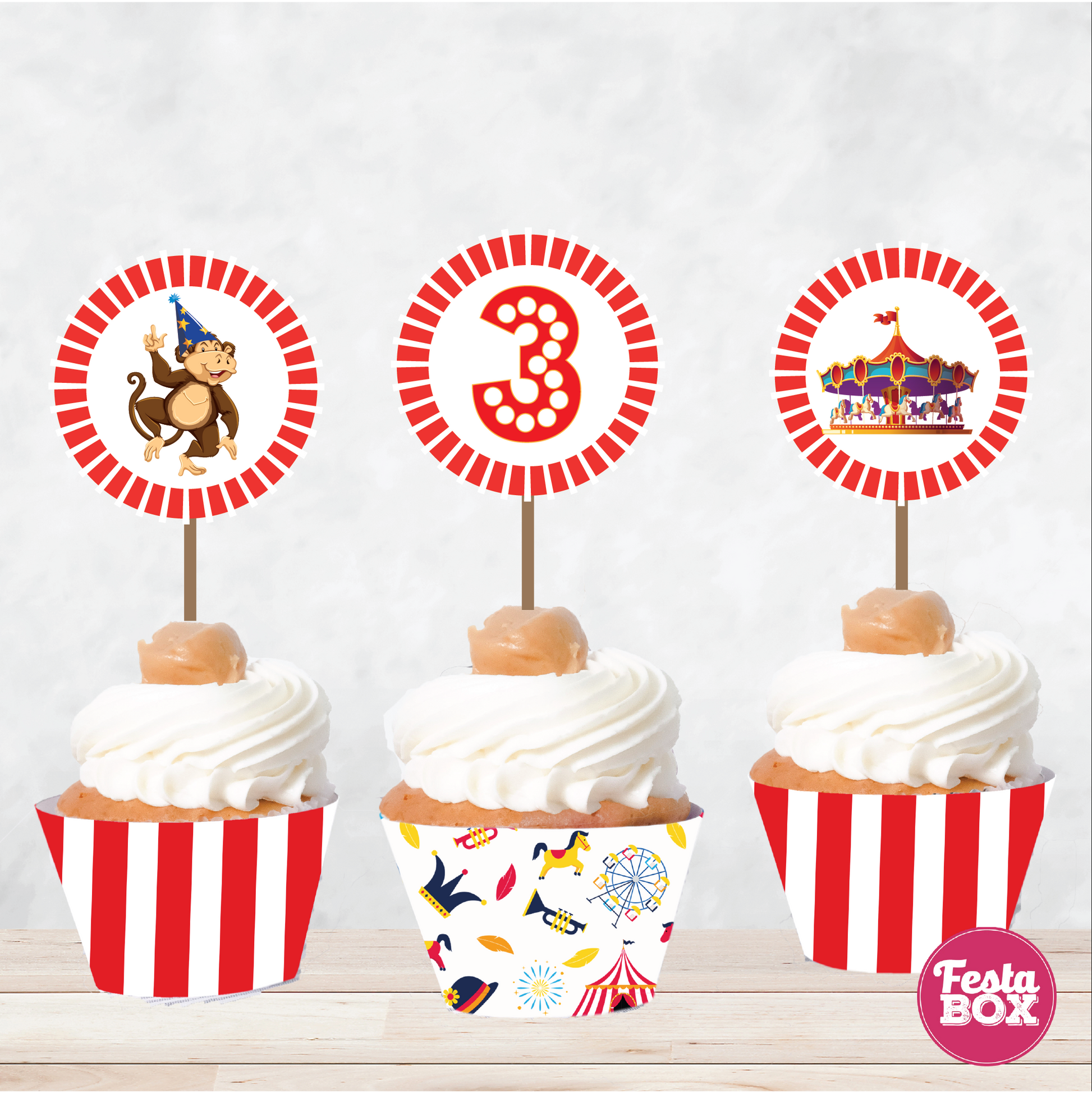 Cupcake Wrappers and toppers for Birthday Party Decoration - Carnival Theme (Set of 6) - Assorted