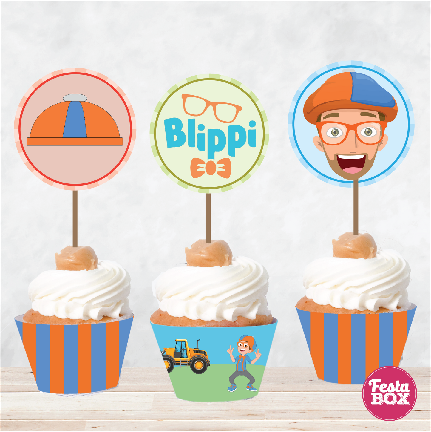 Cupcake Wrappers and toppers for Birthday Party Decoration - Blippi Theme (Set of 6) - Assorted