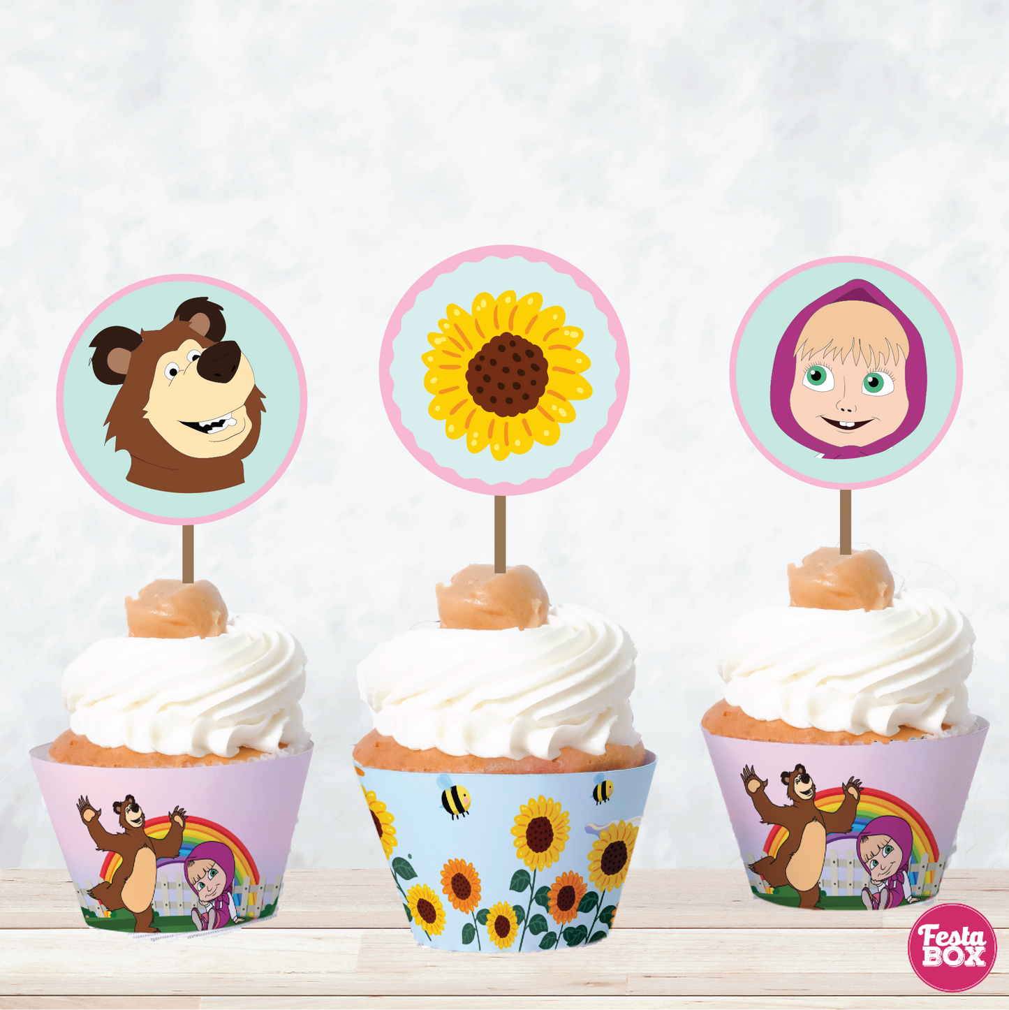 Cupcake Wrappers and toppers for Birthday Party Decoration - Masha and Bear Theme (Set of 6) - Assorted