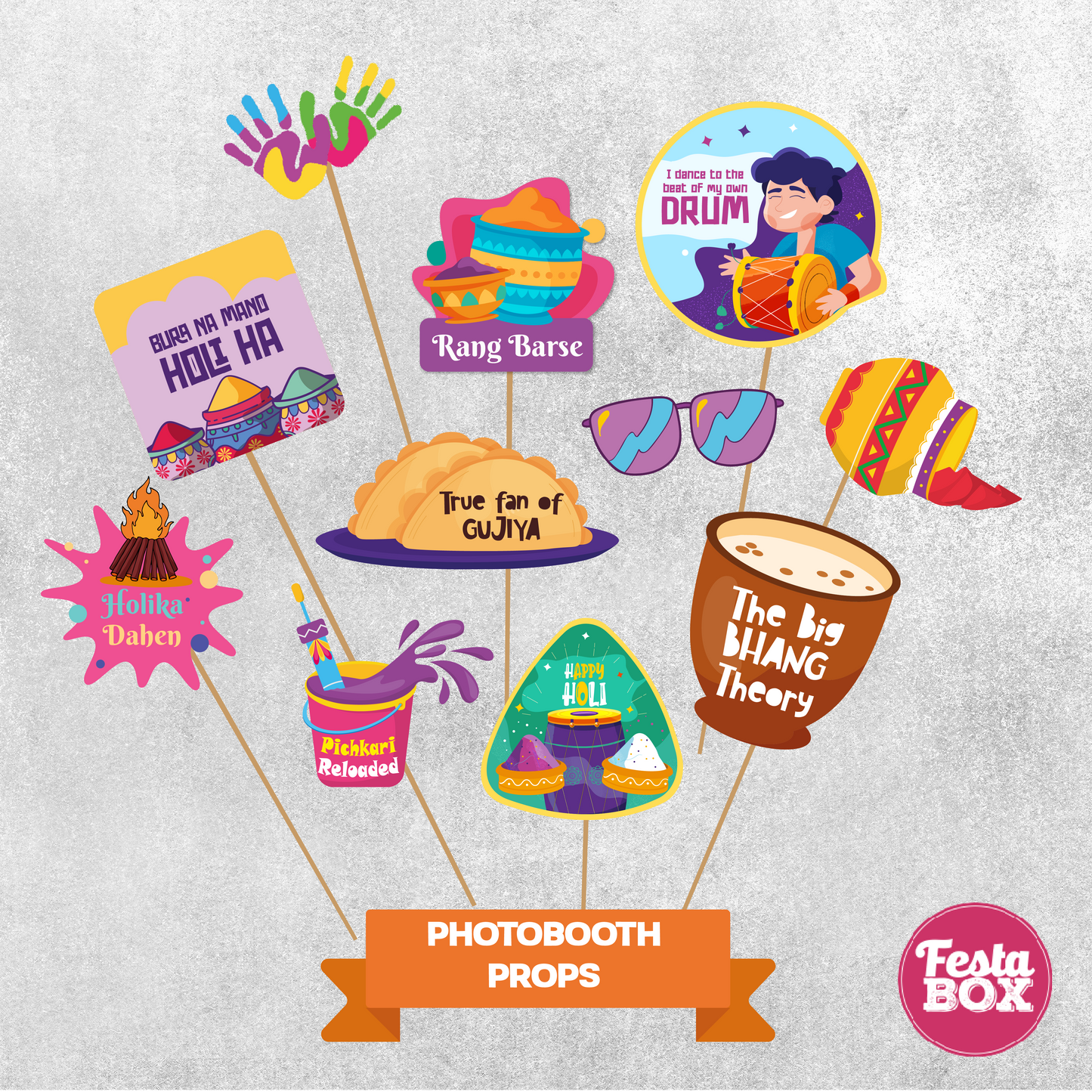 Photobooth Props for Holi Party Decoration ( set of 11 props)