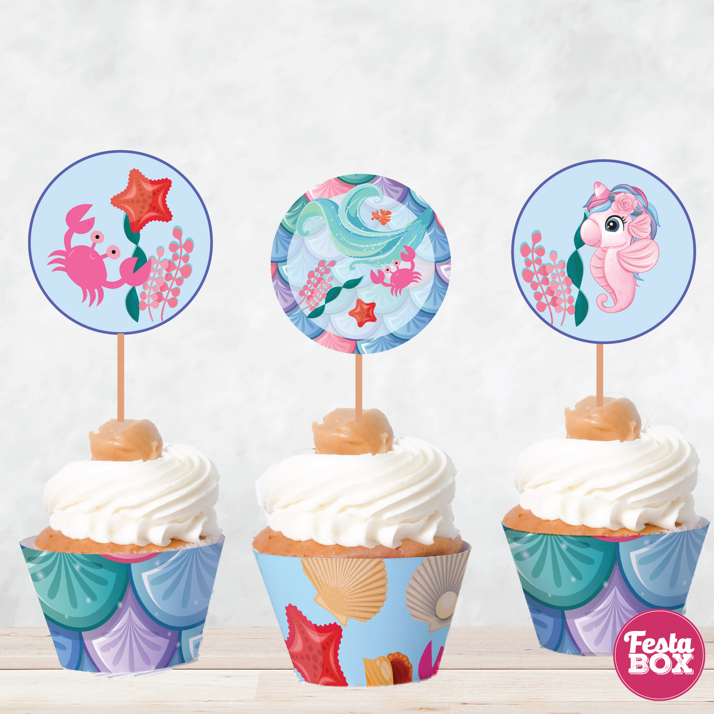 Cupcake Decorations - Toppers and Wrappers - Mermaid Theme (Set of 6) - Assorted 