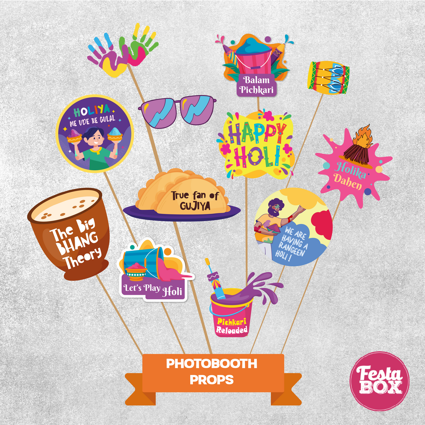 Photobooth Props for Holi Party Decoration ( set of 12 props)