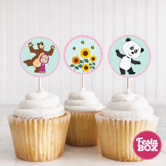 Cupcake Topper for Birthday Party - Masha and Bear Theme (Set of 6) - Assorted