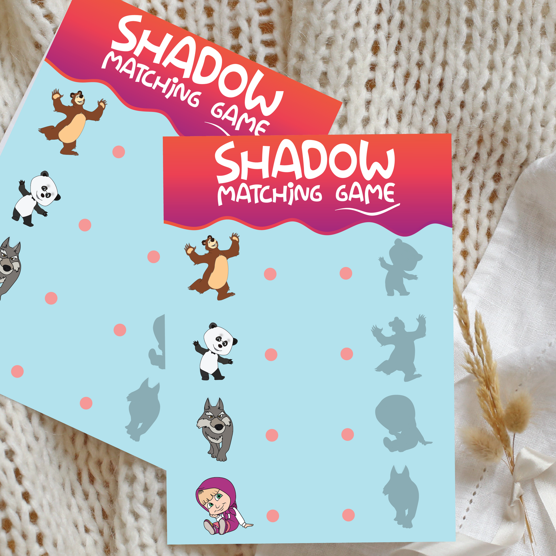 Birthday Game - Match the shadow - Masha and Bear Theme (Set of 6)