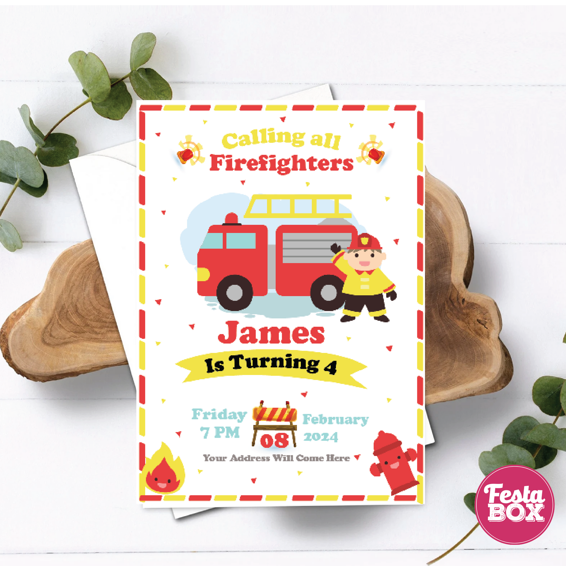 Birthday Party Invitation - Firetruck Theme (Set of 6) - Option 2