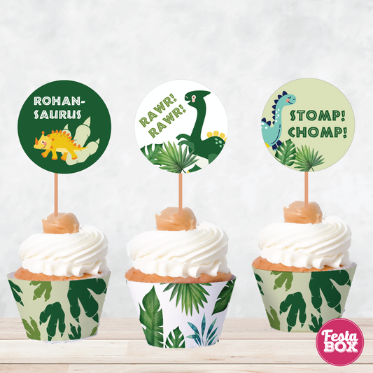 Cupcake Decorations - Toppers and Wrappers - Dinosaur Theme (Set of 6) - Assorted