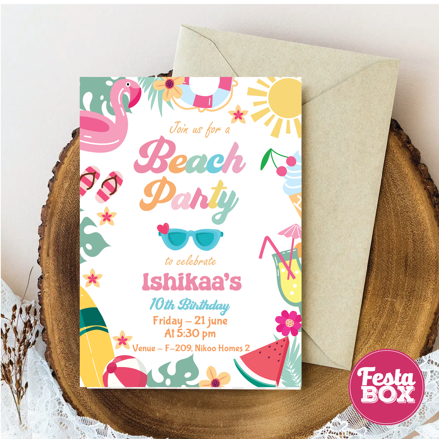 Birthday Party Invitation - Beach Theme (Set of 6) - Option 3