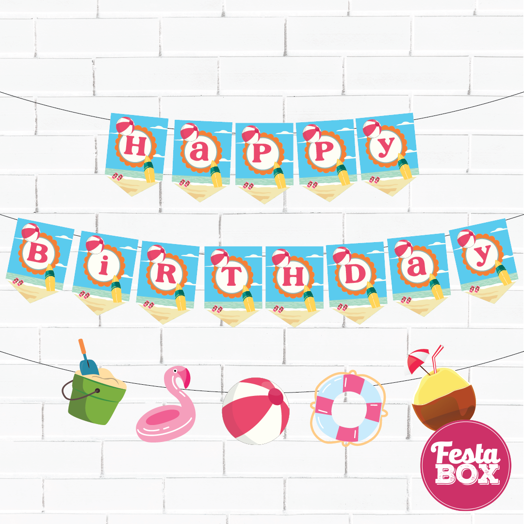 Happy birthday banner with themed cutout strings - Beach Theme Option 2