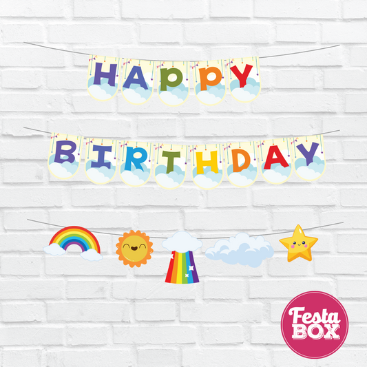 Happy birthday banner with themed cutout strings - Rainbow Theme Option 1