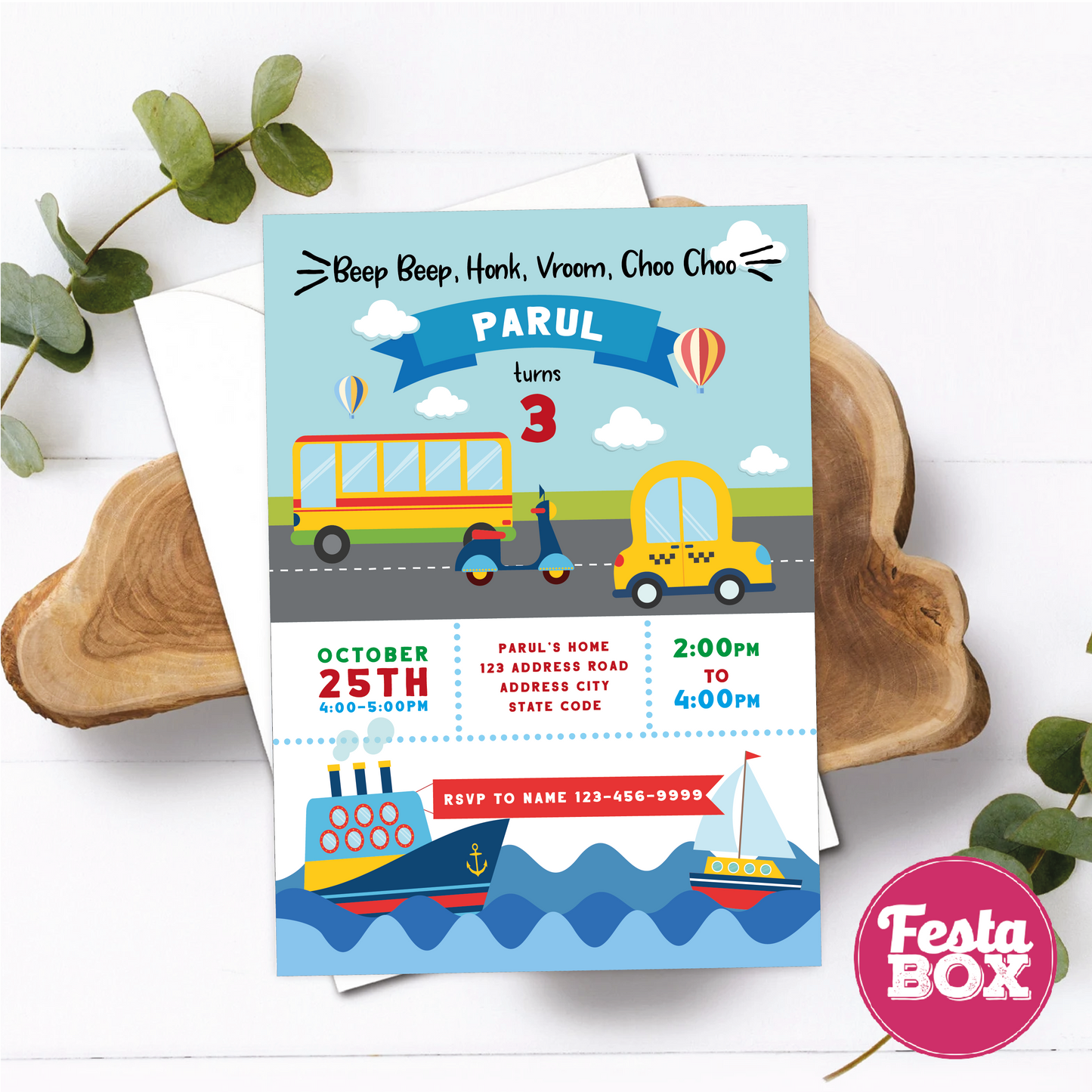 Birthday Party Invitation - Transport Theme (Set of 6) - Option 2