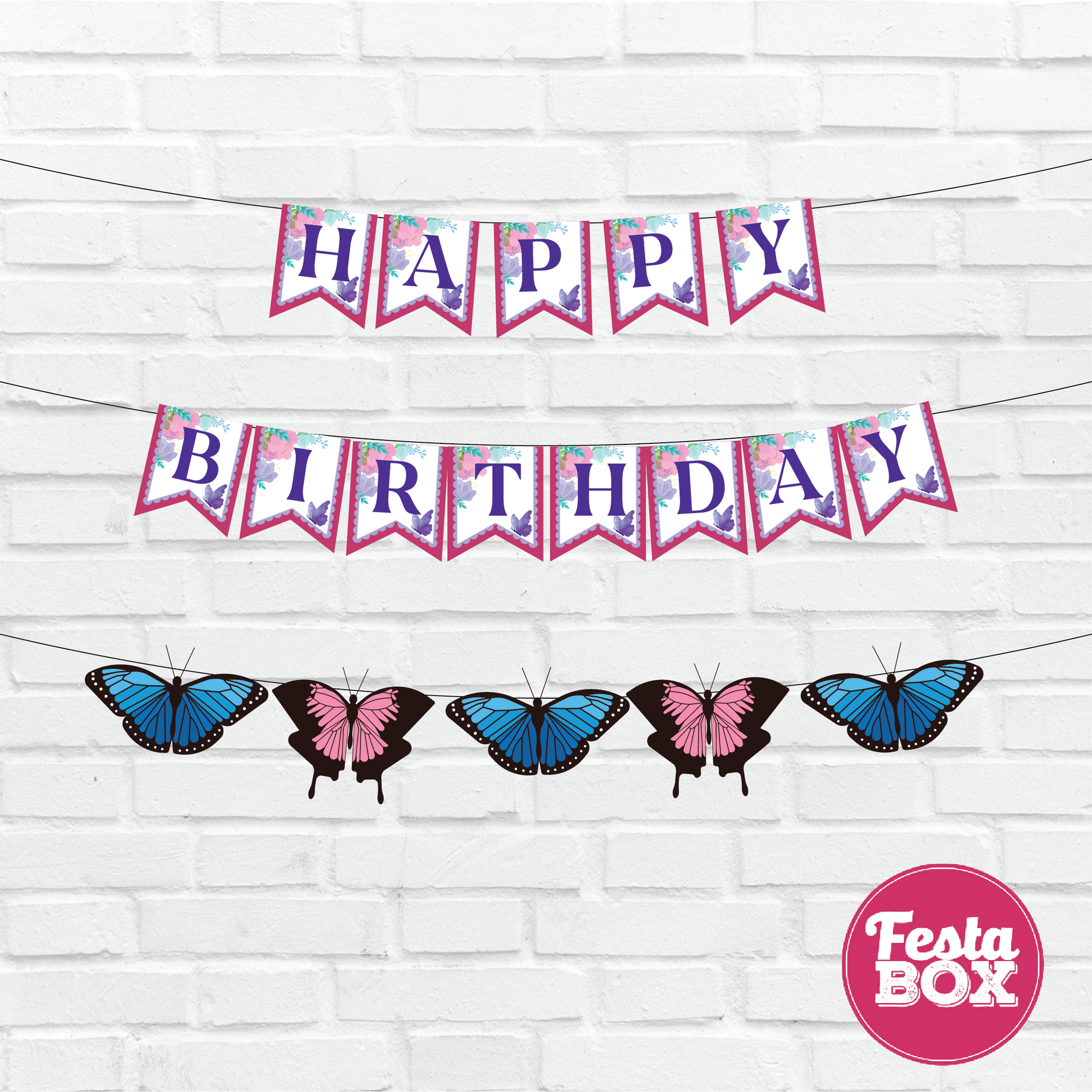 Happy birthday banner with themed cutout strings - Butterfly Theme Option 3