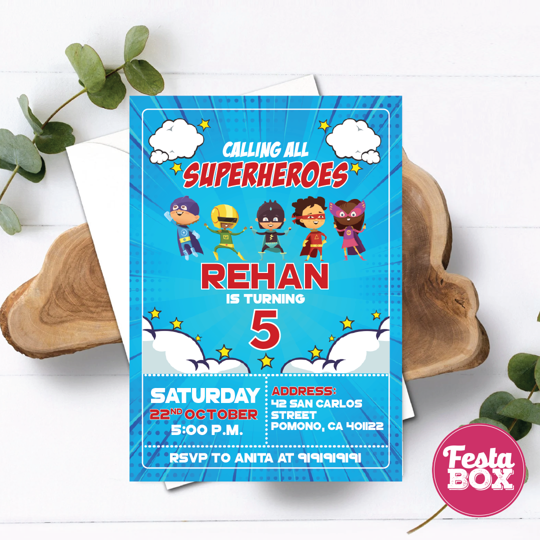 Birthday Party Invitation - Superhero Theme (Set of 6) - Option 2