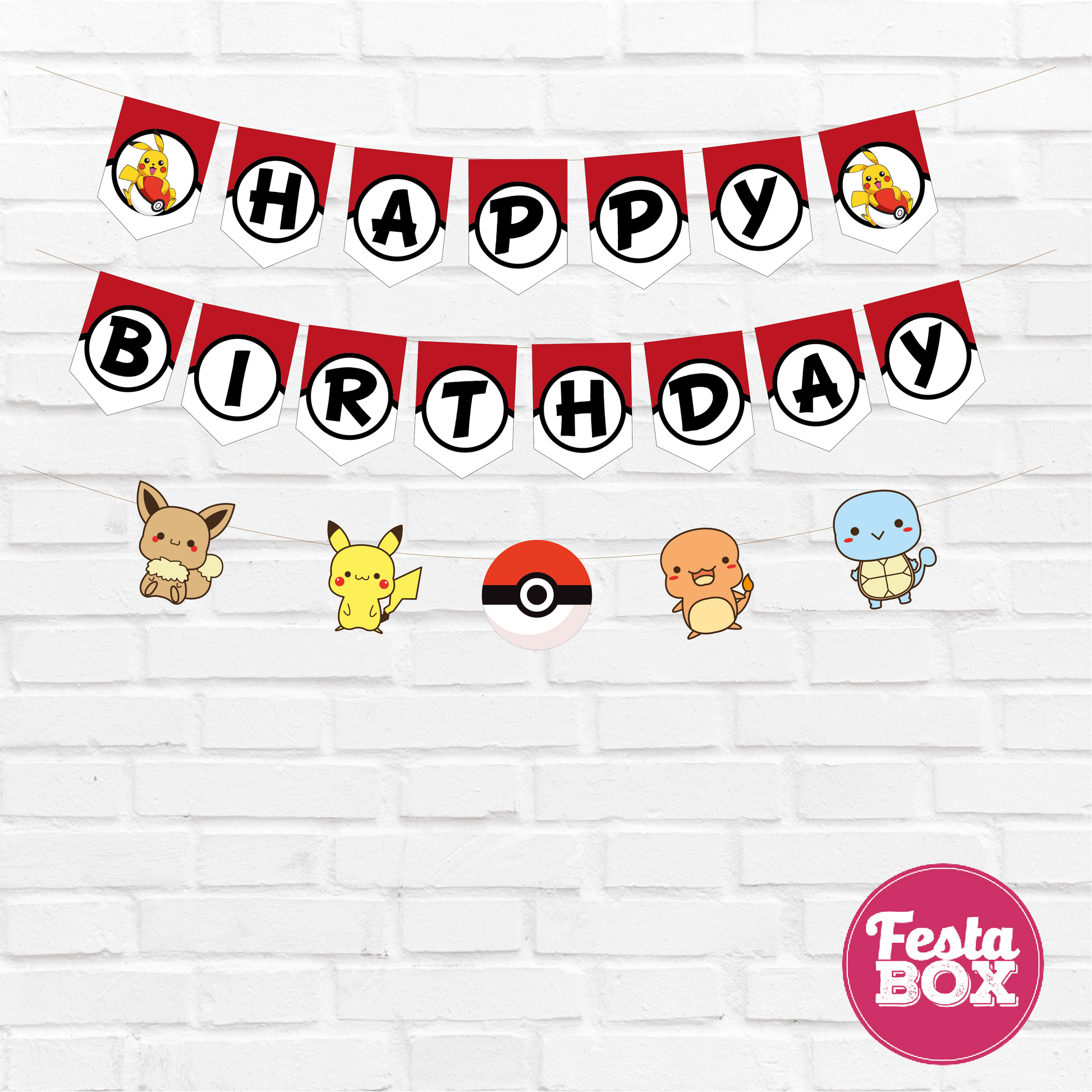 Happy birthday banner with themed cutout strings - Pokemon Theme Option 3