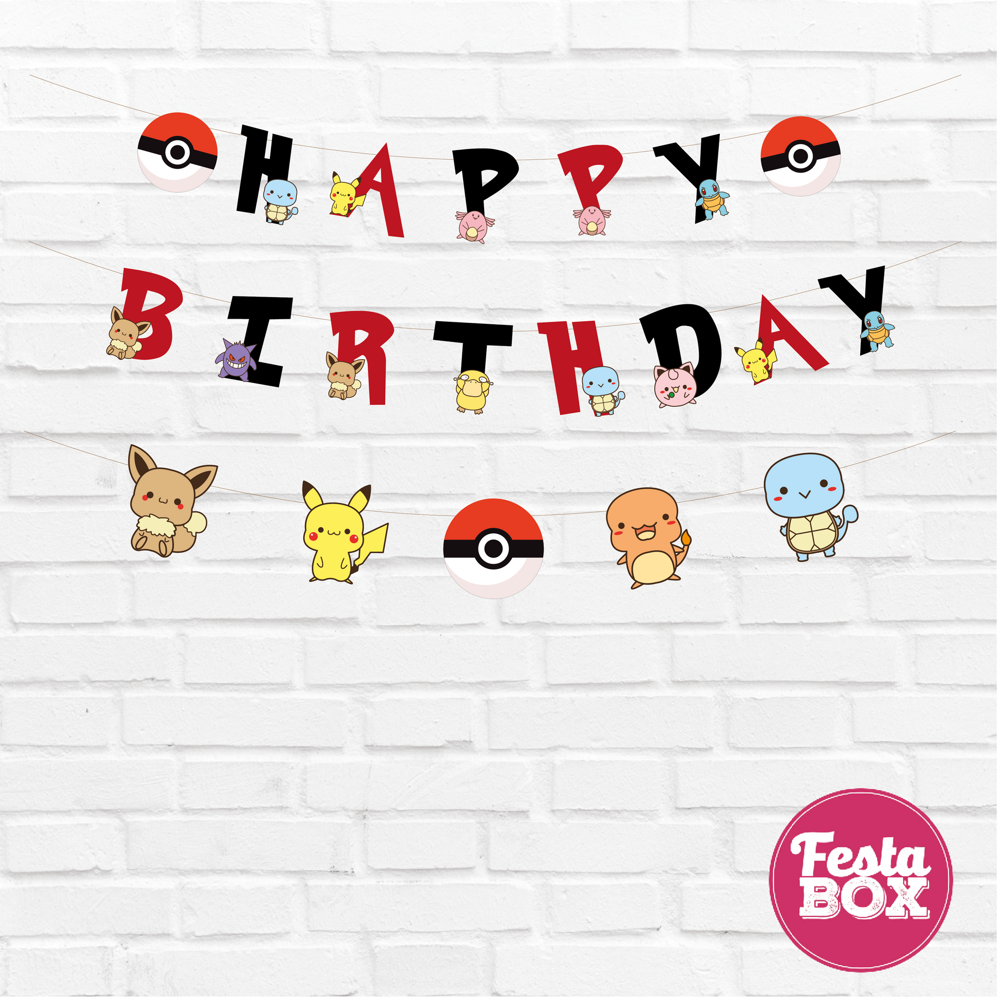 Happy birthday banner with themed cutout strings -Pokemon Theme Option 2