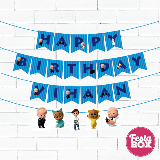 Happy birthday banner with themed cutout strings - Boss Baby Theme Option 2