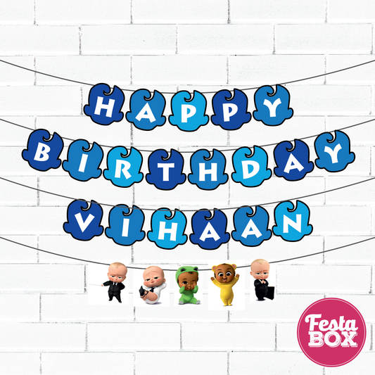 Happy birthday banner with themed cutout strings - Boss Baby Theme Option 1