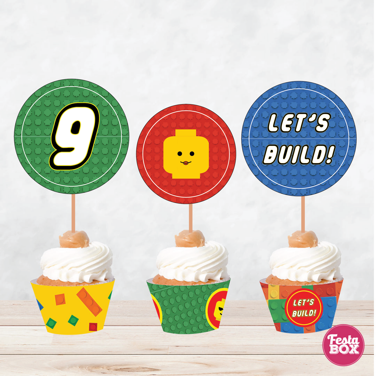 Cupcake Decorations - Toppers and Wrappers -Lego Theme (Set of 6) - Assorted