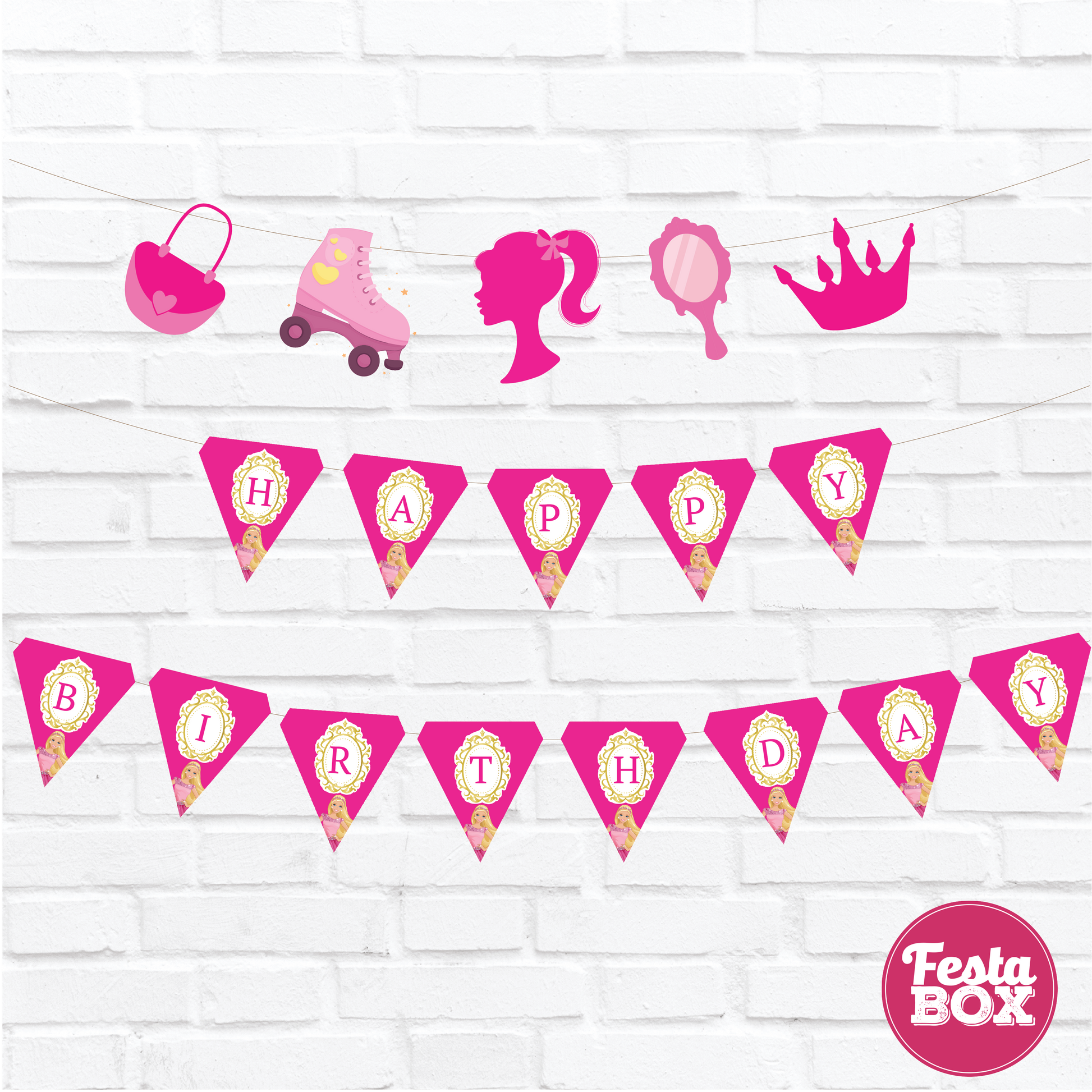 Happy birthday banner with cutout strings - Barbie Theme Option 2