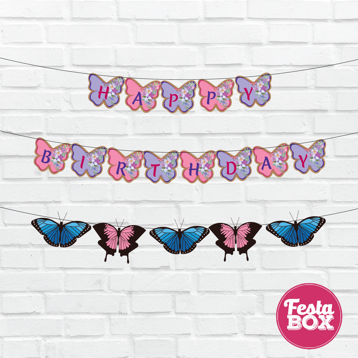 Happy birthday banner with themed cutout strings - Butterfly Theme Option 2