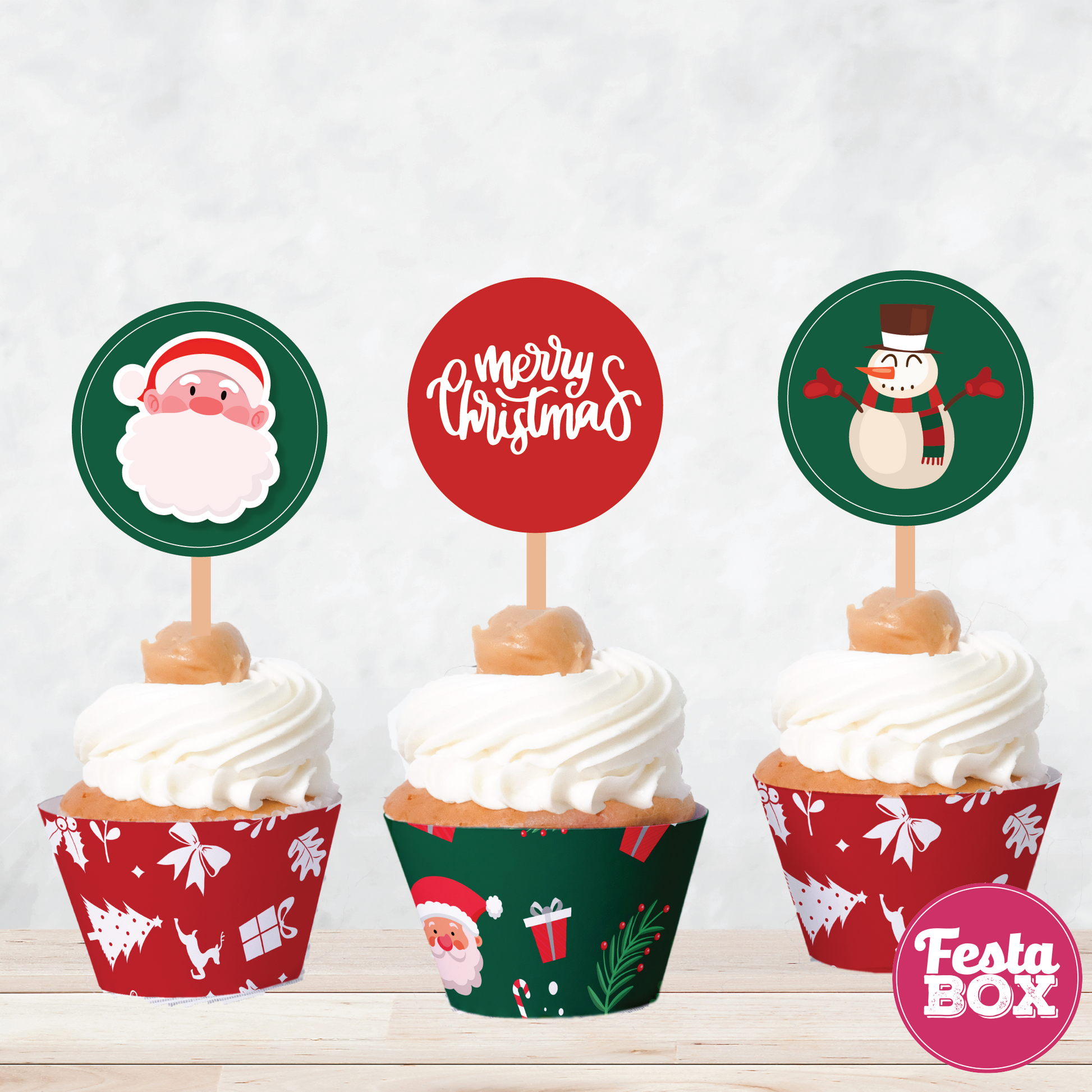 Cupcake Decorations - Toppers and Wrappers - Christmas Party Theme (Set of 6) - Assorted