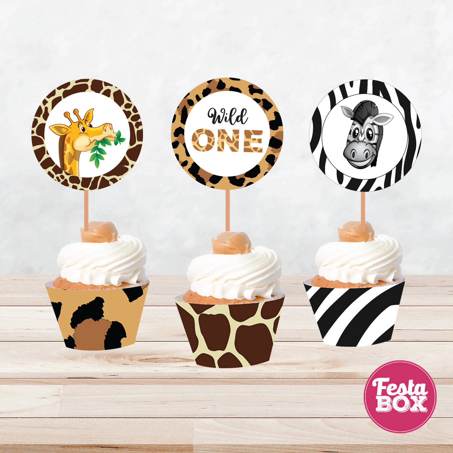 Cupcake Decorations - Toppers and Wrappers - Jungle Safari Theme (Set of 6) - Assorted