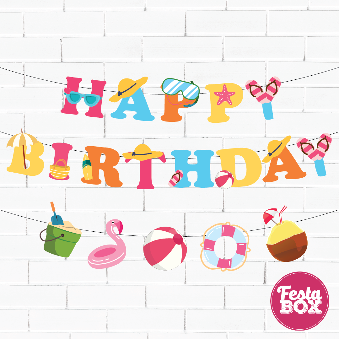 Happy birthday banner with themed cutout strings - Beach Theme Option 3