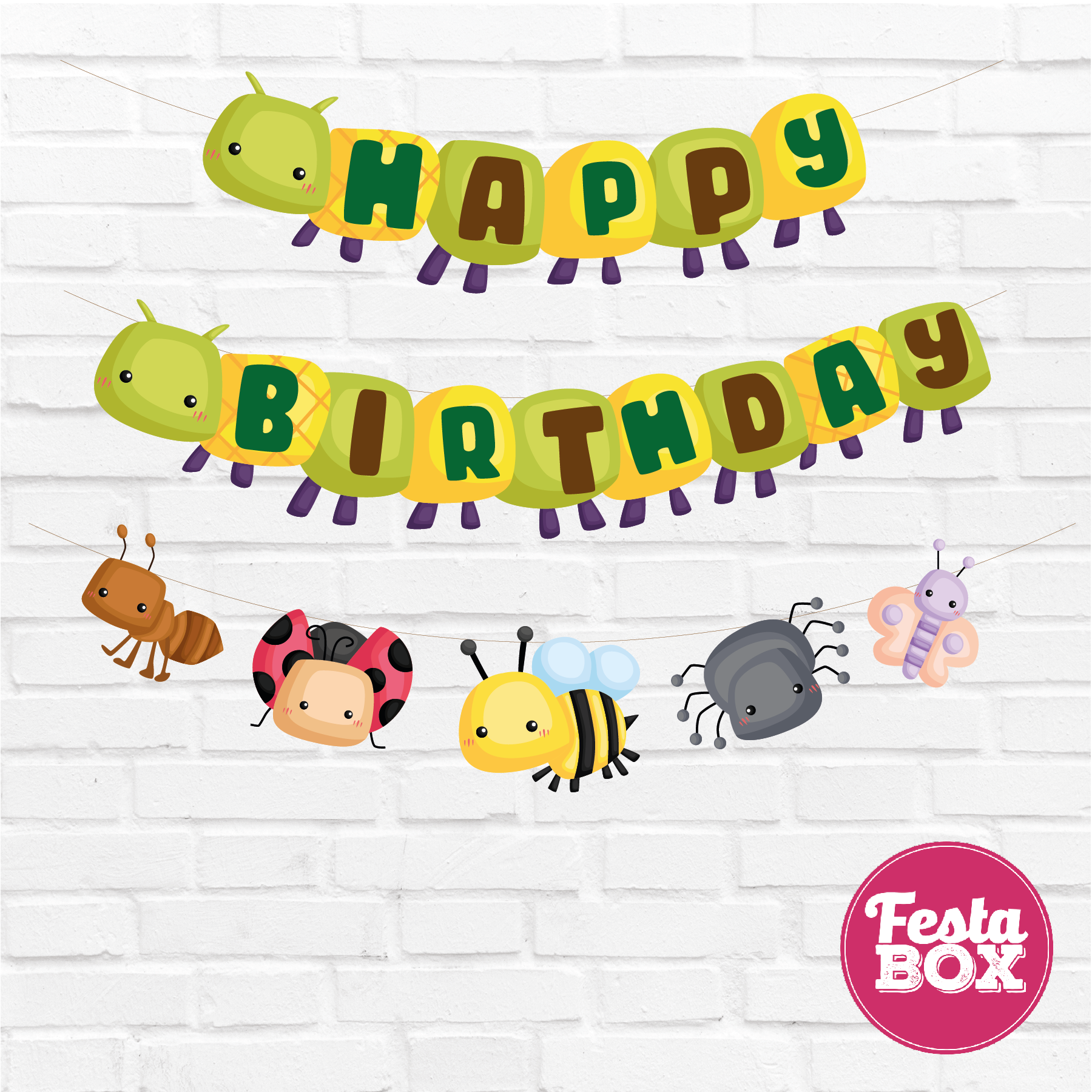 Happy birthday banner with themed cutout strings - Bugs Theme Option 2