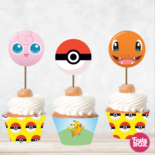 Cupcake Wrappers and toppers for Birthday Party Decoration - Pokemon Theme (Set of 6) - Assorted