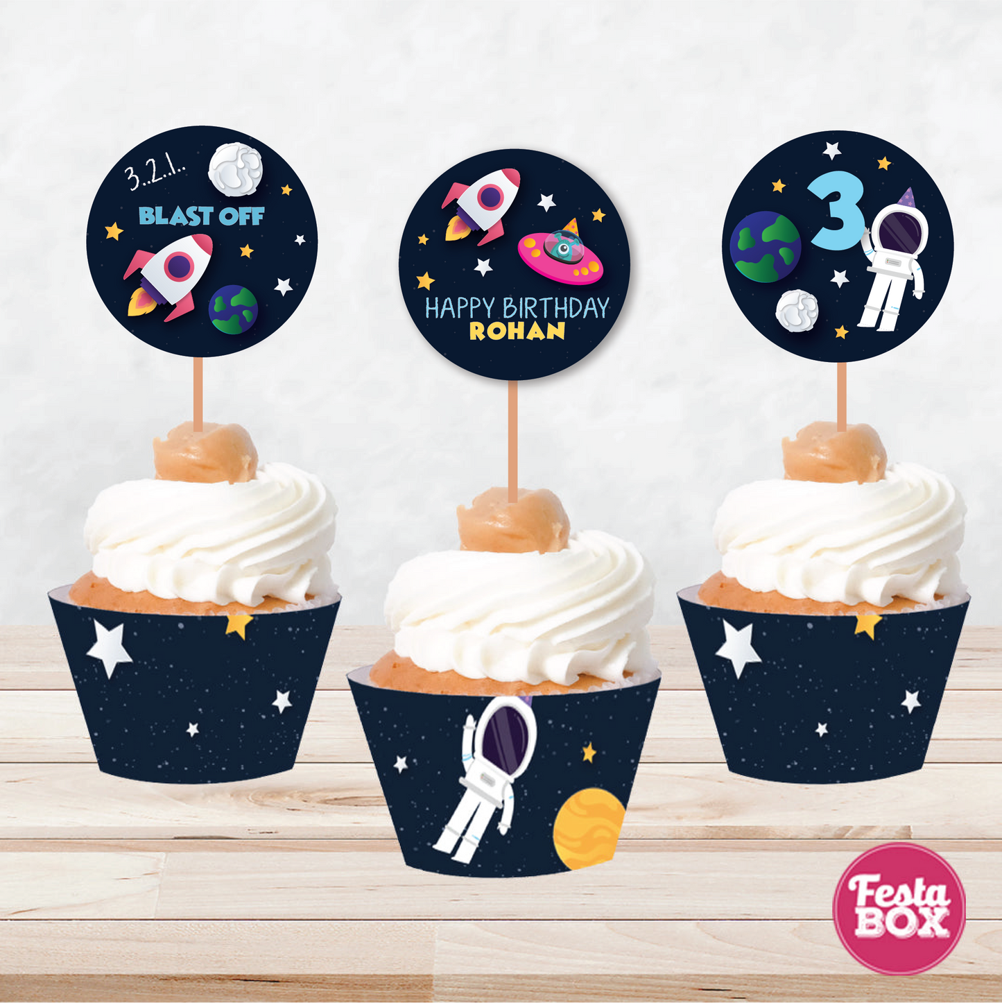 Cupcake Decorations - Toppers and Wrappers - Space Theme (Set of 6) - Assorted