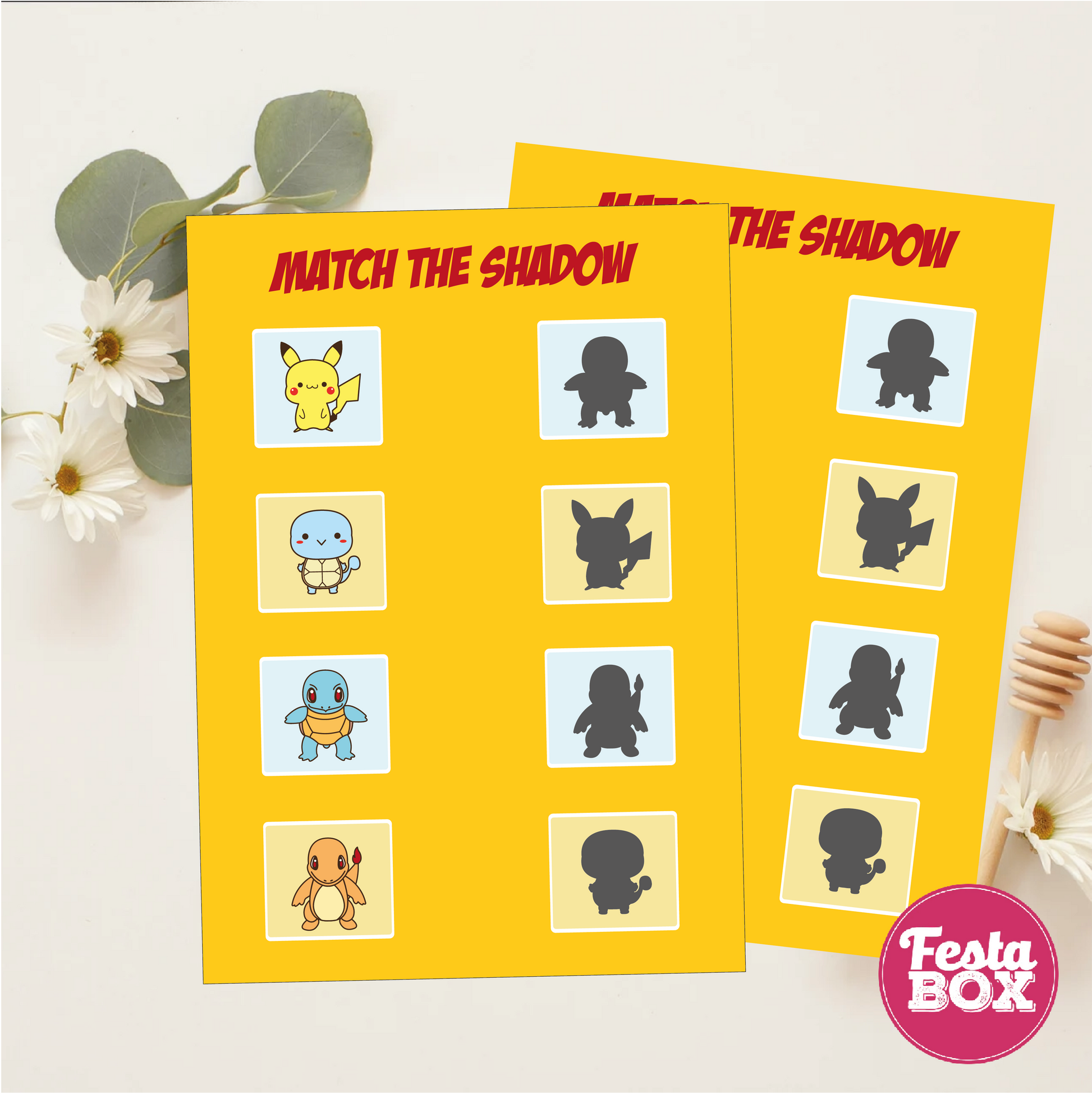 Birthday Game - Match the shadow - Pokemon Theme (Set of 6)