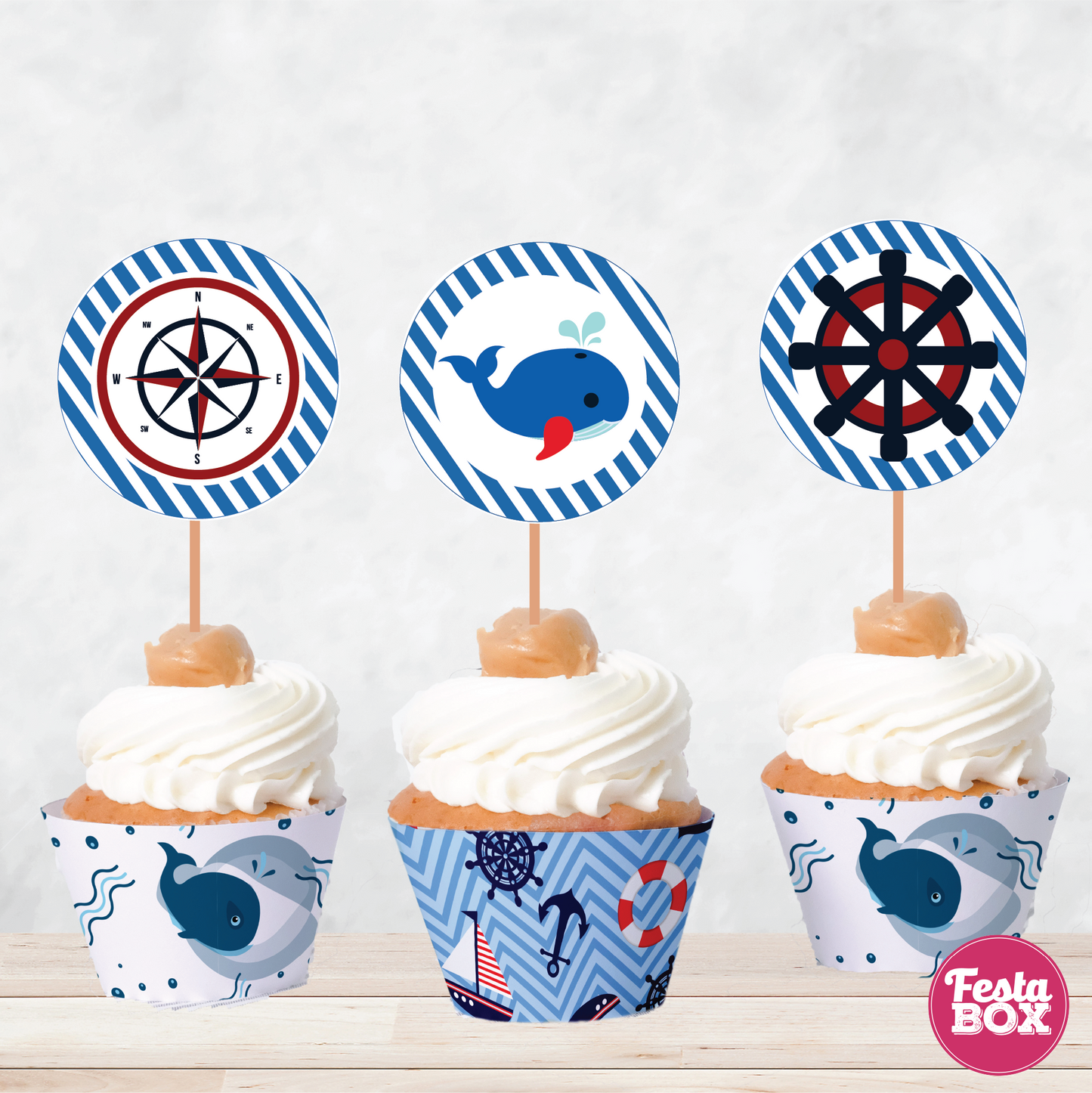 Cupcake Decorations - Toppers and Wrappers - Nautical Theme (Set of 6) - Assorted