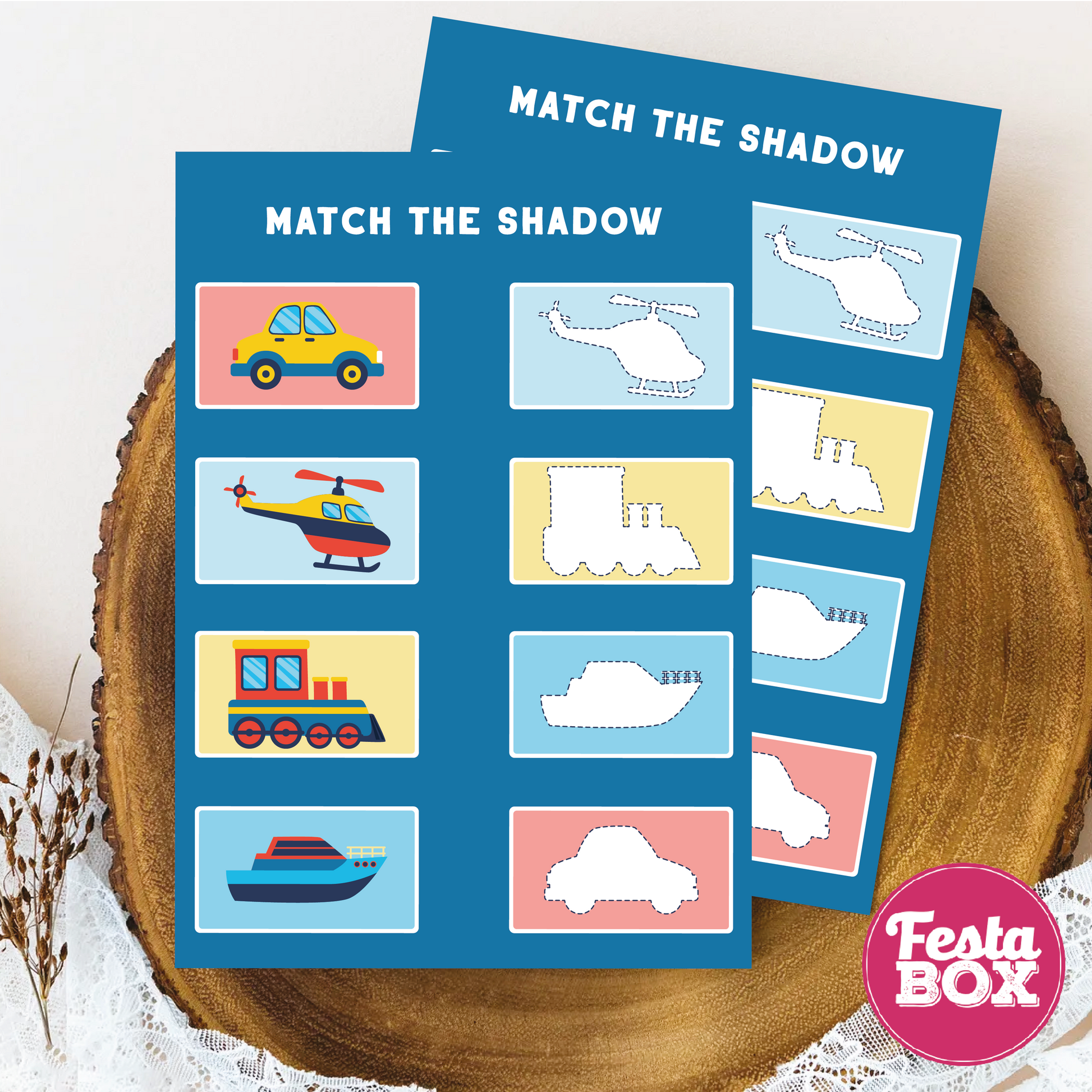 Birthday Games- Match the Shadow - Transport Theme