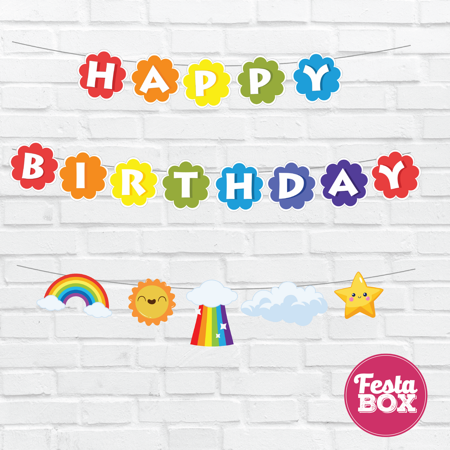 Happy birthday banner with themed cutout strings - Rainbow Theme Option 2