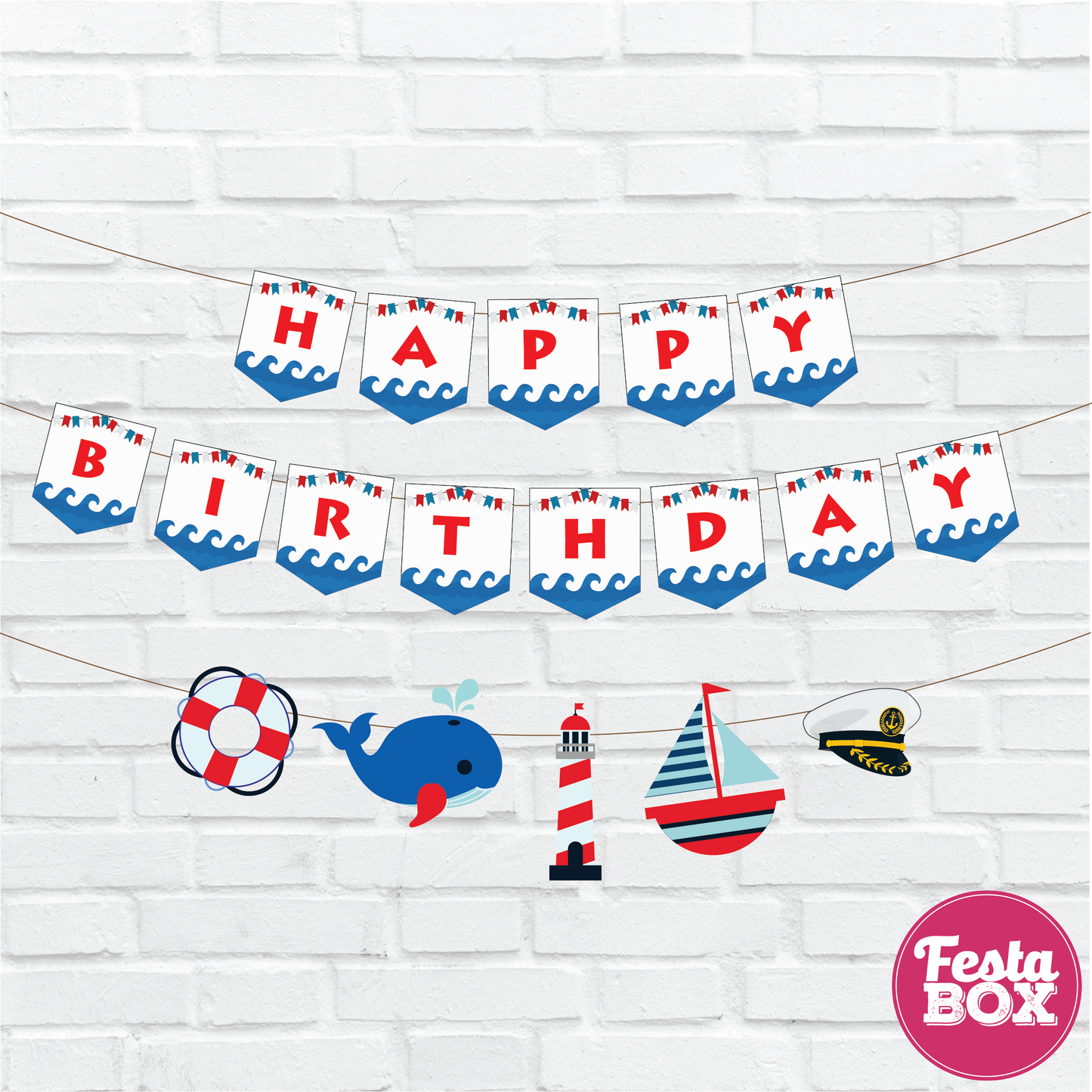 Happy birthday banner with themed cutout strings - Nautical Theme - Option 2